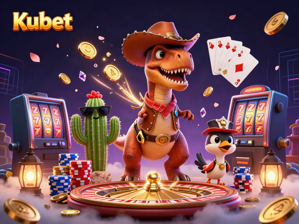 Kubet evokes excitement with a vibrant 3D scene featuring a cowboy dinosaur and themed casino elements.