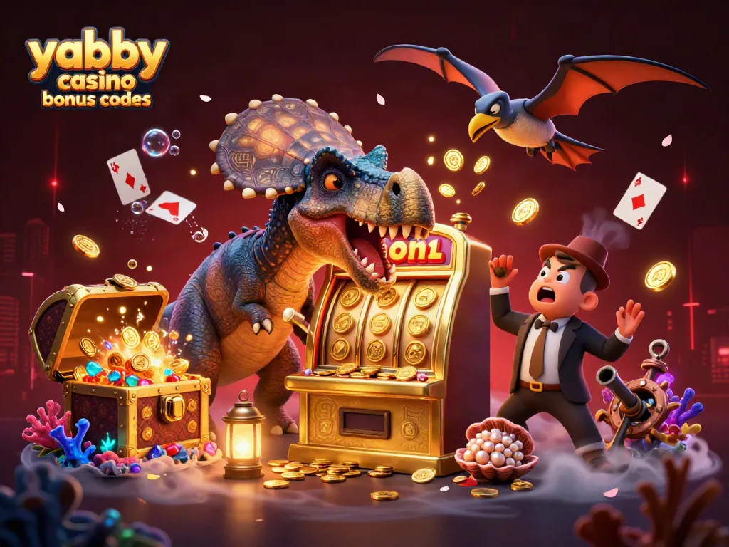Catch your winnings with yabby casino bonus codes while dinosaurs play in this vibrant casino scene.