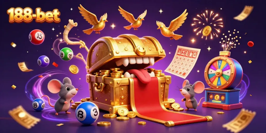 Catch exciting winnings at 188-bet with a treasure chest and lottery elements animated in vibrancy.