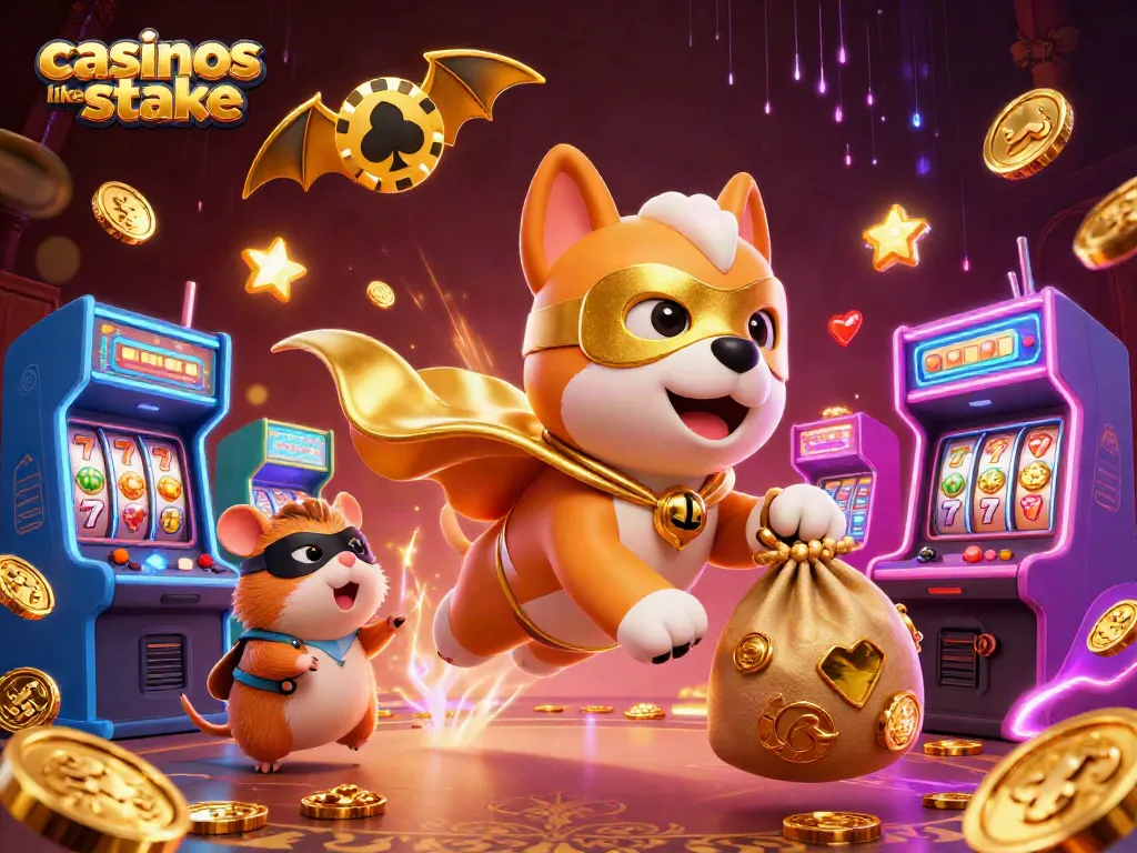 Exciting gameplay at casinos like stake, featuring a superhero dog and classic elements.