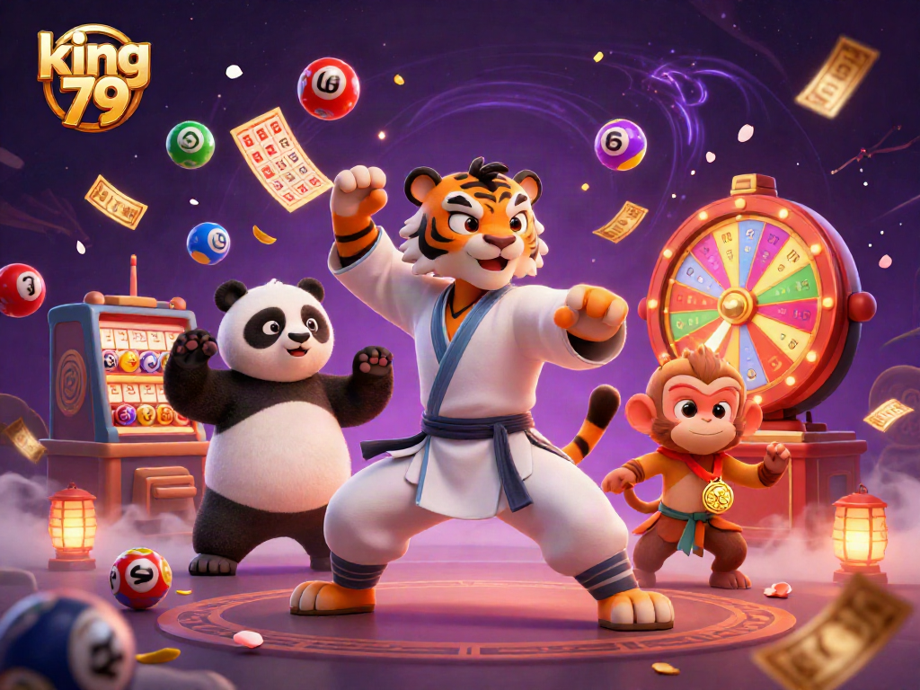 Engage with king 79 in a lively casino scene filled with colorful lottery elements and energetic characters.