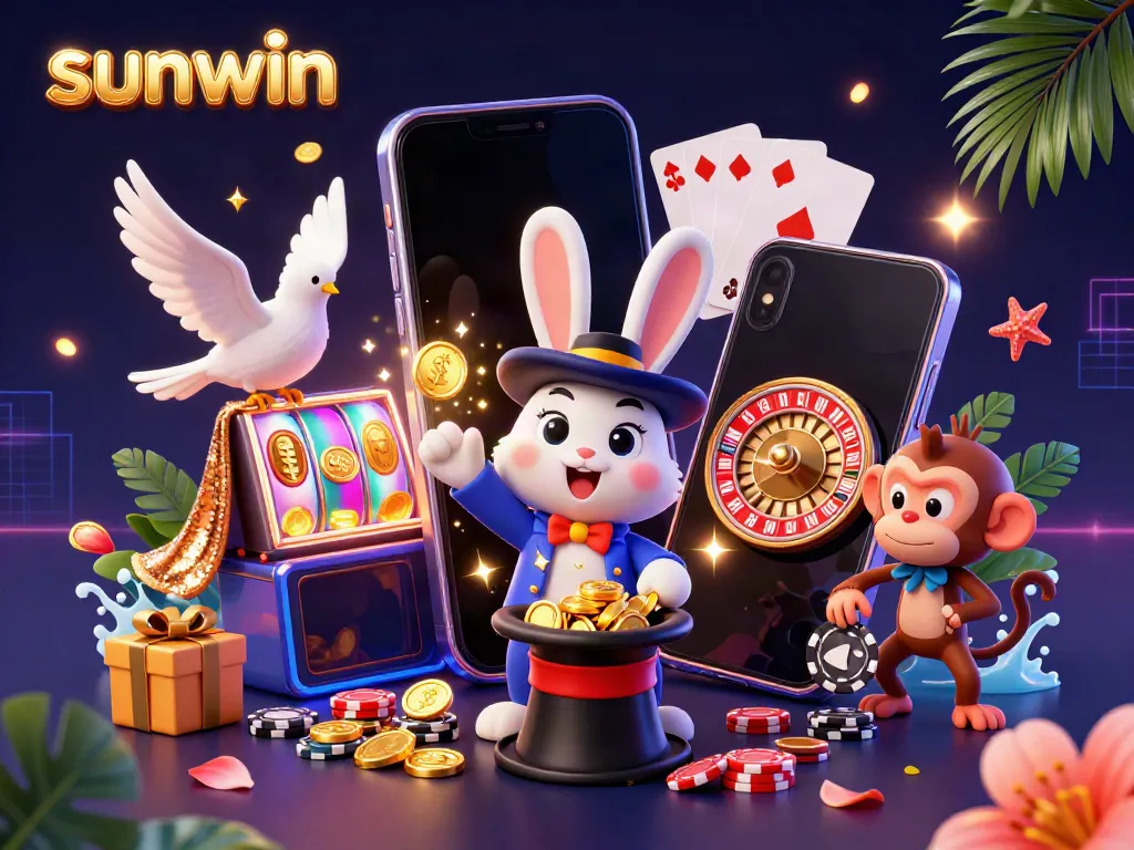 Engage with sunwin's magic: A dynamic gaming scene featuring a magician rabbit, dove, and monkey with vibrant casino elements.