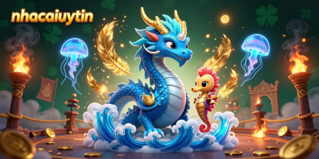 Engage with vibrant nhacaiuytin casino action featuring a colossal dragon and seahorse knight amid gold coins.