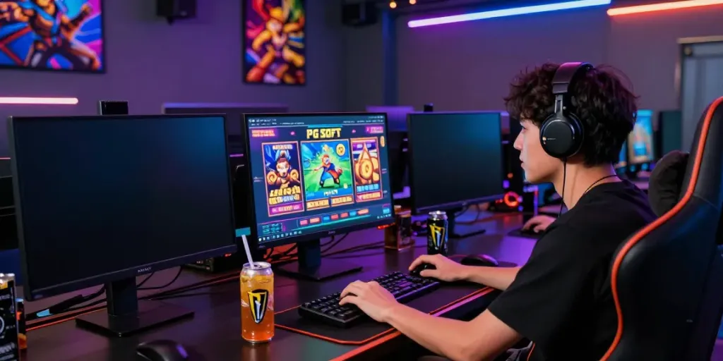 Player immersed in gaming on a slot server Thailand interface with colorful displays and vibrant setups.