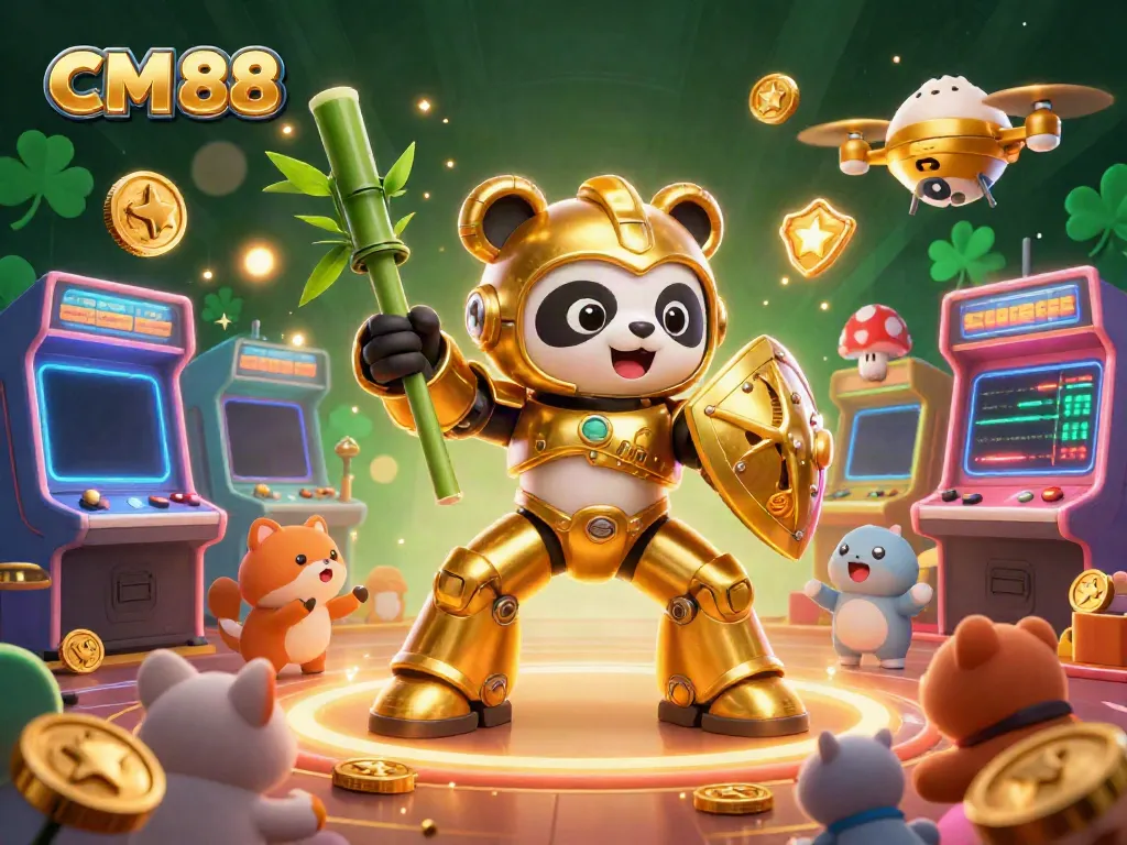 Engage in the thrill of CM 88 with a vibrant 3D illustration of a panda in a mech suit amidst a bustling gaming arena.