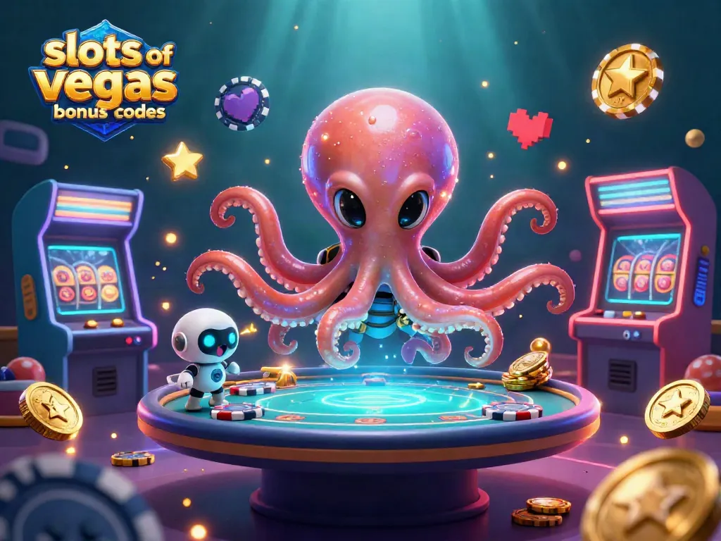 Spin to win with slots of vegas bonus codes amidst an arcade-inspired cosmic casino scene.