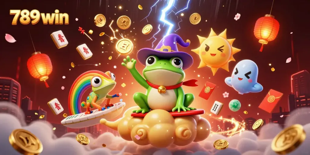 Experience thrilling bets with 789 win as a wizard frog conjures gold coins amidst a vibrant casino scene.