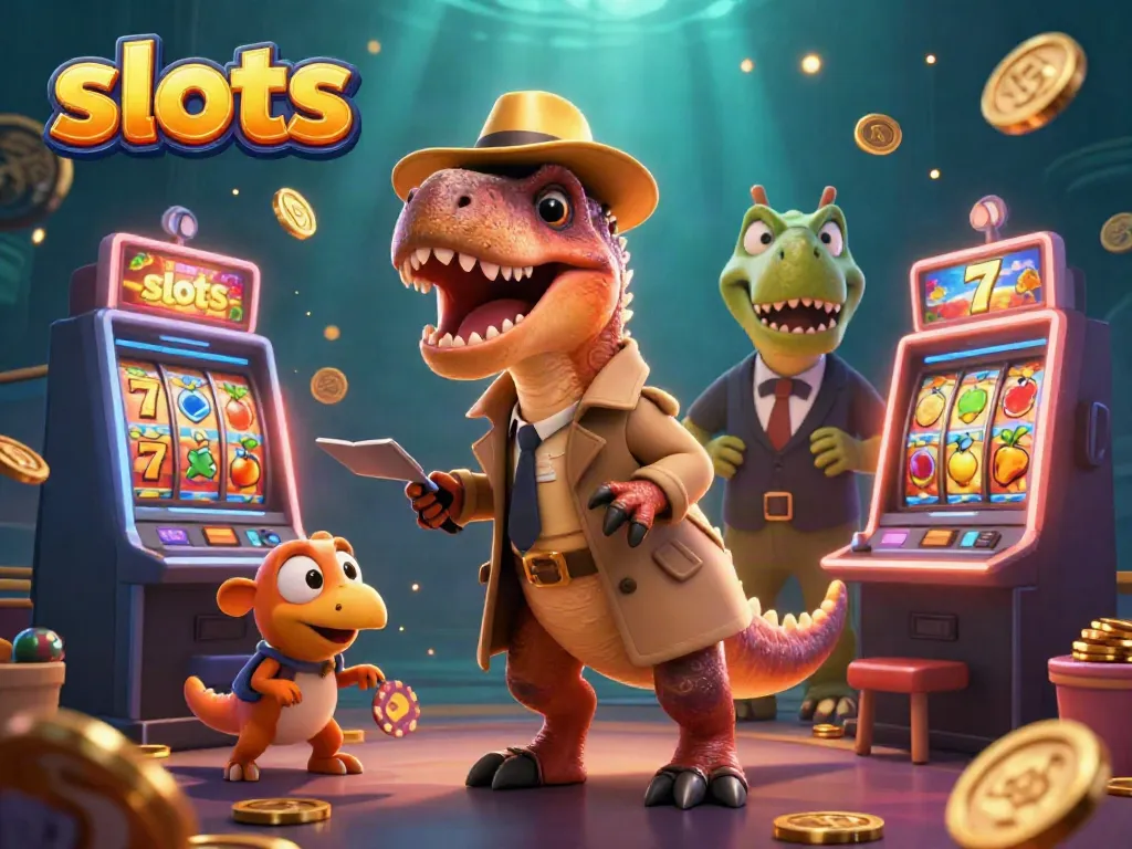 Engaging velociraptor plays slots at a vibrant casino, showcasing dynamic gaming elements.