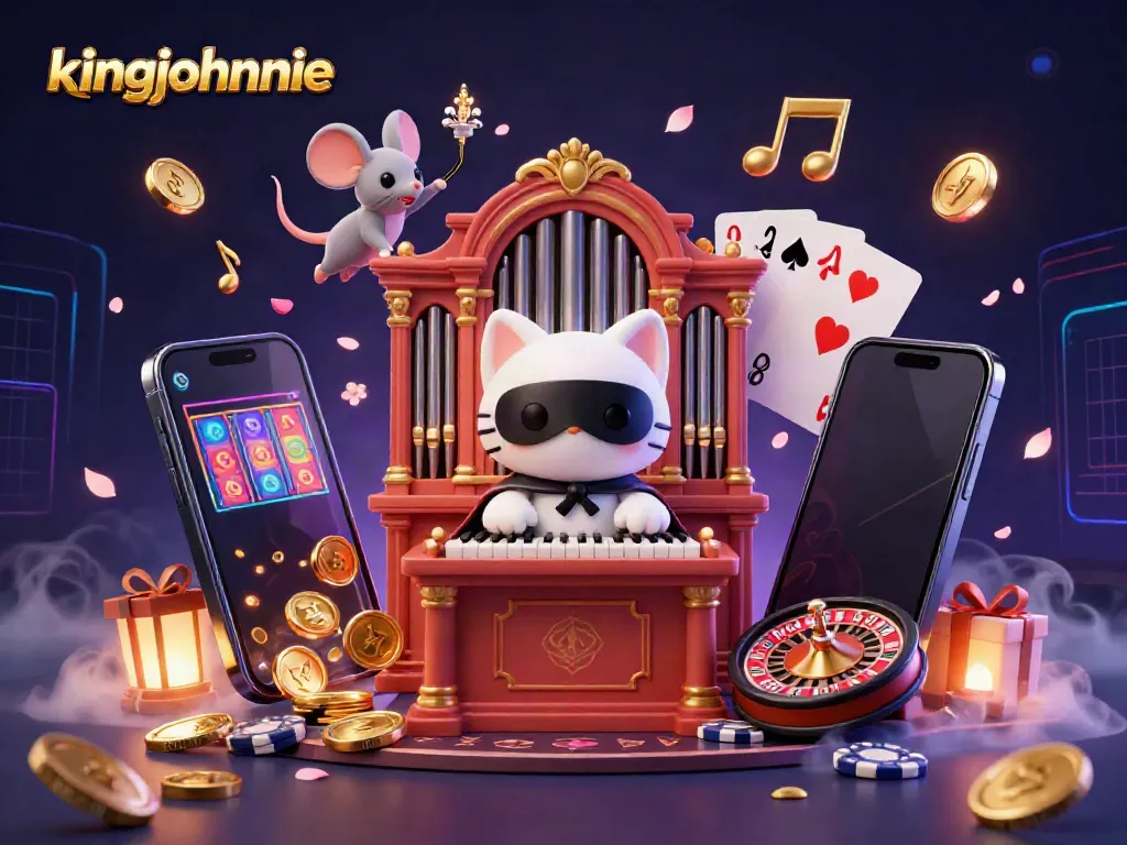 Experience kingjohnnie with a dynamic 3D scene filled with vibrant casino elements and characters.