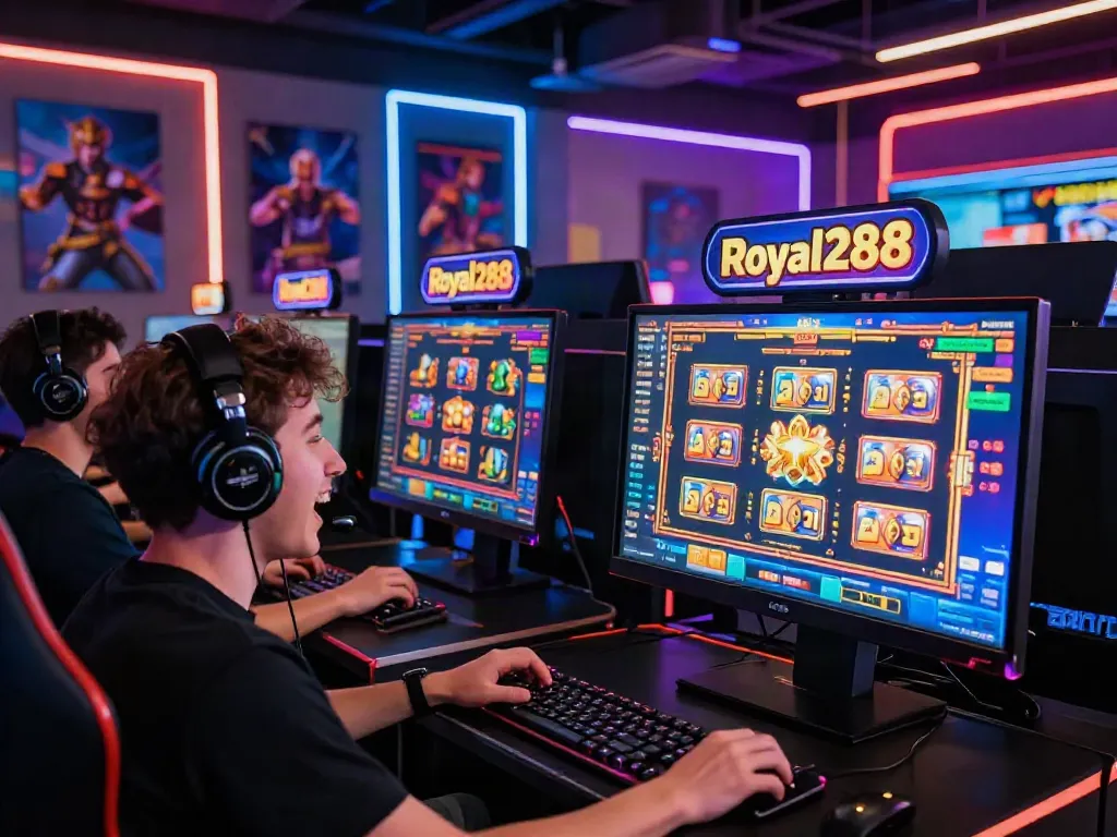 Pengguna royal288 terlibat dalam permainan slot online dengan suasana yang ceria dan penuh warna.