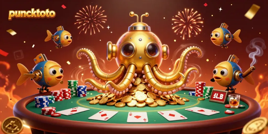 Ilustrasi 3D menampilkan puncaktoto dengan karakter legendaris, meja poker, dan tumpukan chip kasino.