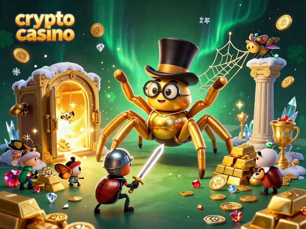 Engage with the vibrant scene of a crypto casino featuring a golden tarantula and treasures.