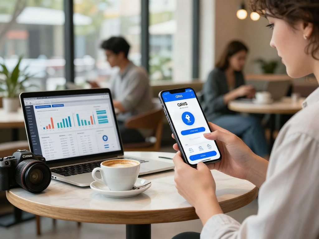 Engaged user checking QRIS slot on banking app in a modern café.