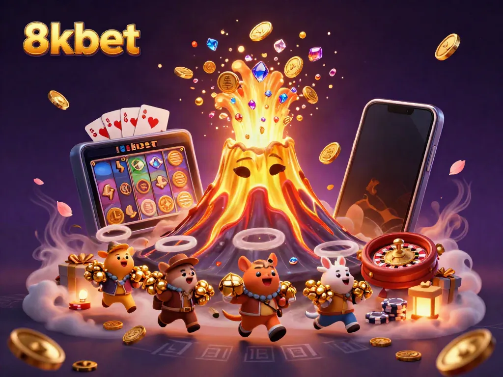 Experience thrilling wins with 8xbet as golden coins erupt from a volcano amidst celebrating characters.