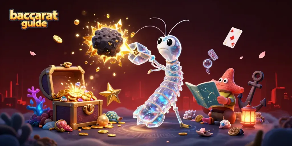 Engage with the baccarat guide in an enchanting 3D casino scene, featuring vibrant characters and jewels.