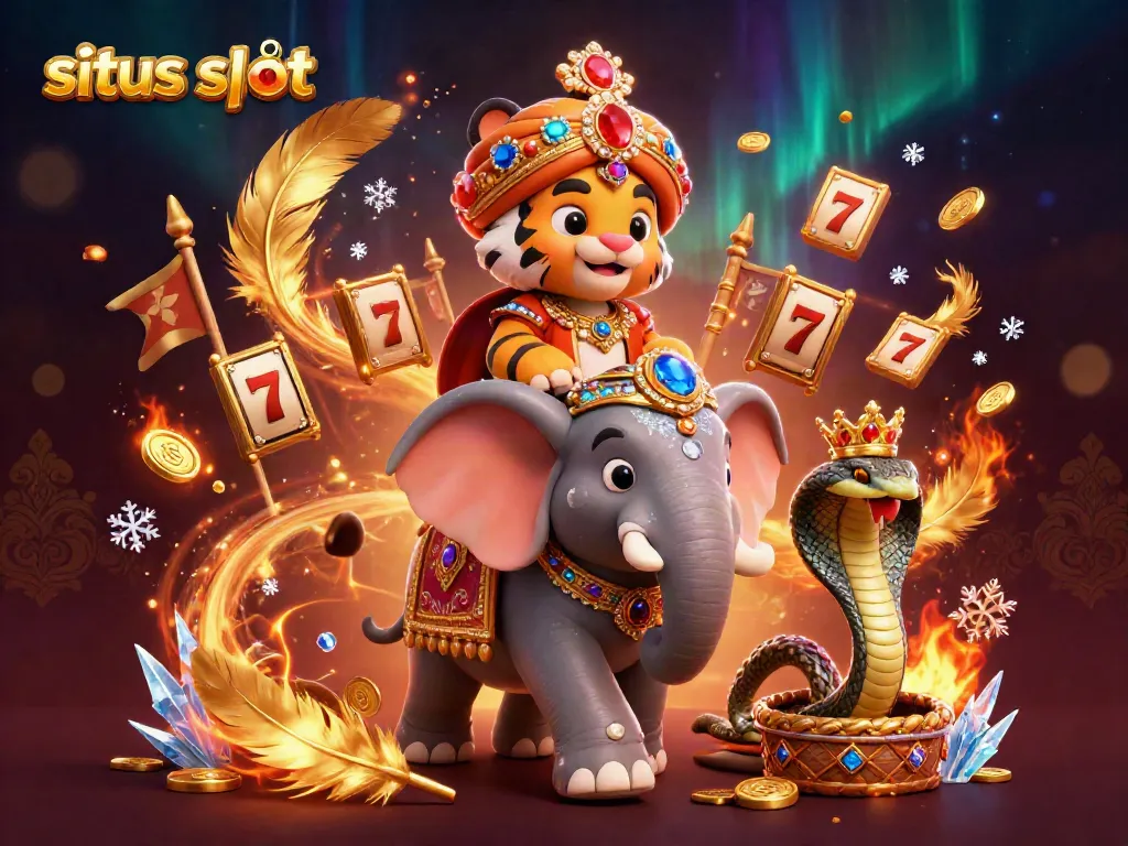 Engage with dynamic situs slot action featuring a maharaja tiger, jewel-encrusted elephant, and gold coins around.