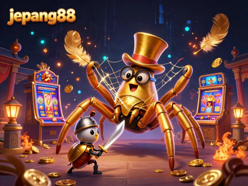Engage with the vibrant slot gameplay from Jepang88, featuring a whimsical scene of characters amidst gold coins and jackpot excitement.