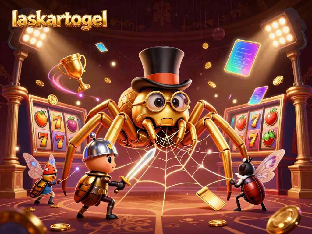 Engage with the vibrant world of laskartogel featuring a golden tarantula and beetle knight amidst dynamic casino elements.