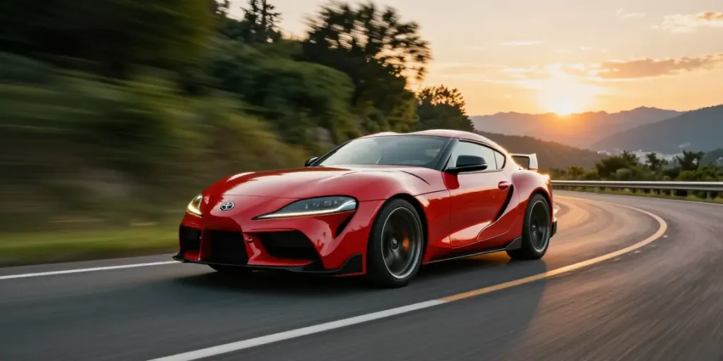 A80 platform Toyota Supra racing on a scenic winding road, showcasing speed and dynamic design.
