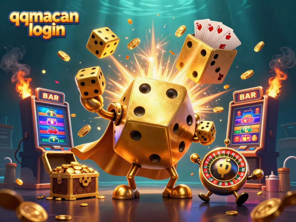 Experience the thrill and excitement of qqmacan login with giant golden dice in a vibrant casino scene.