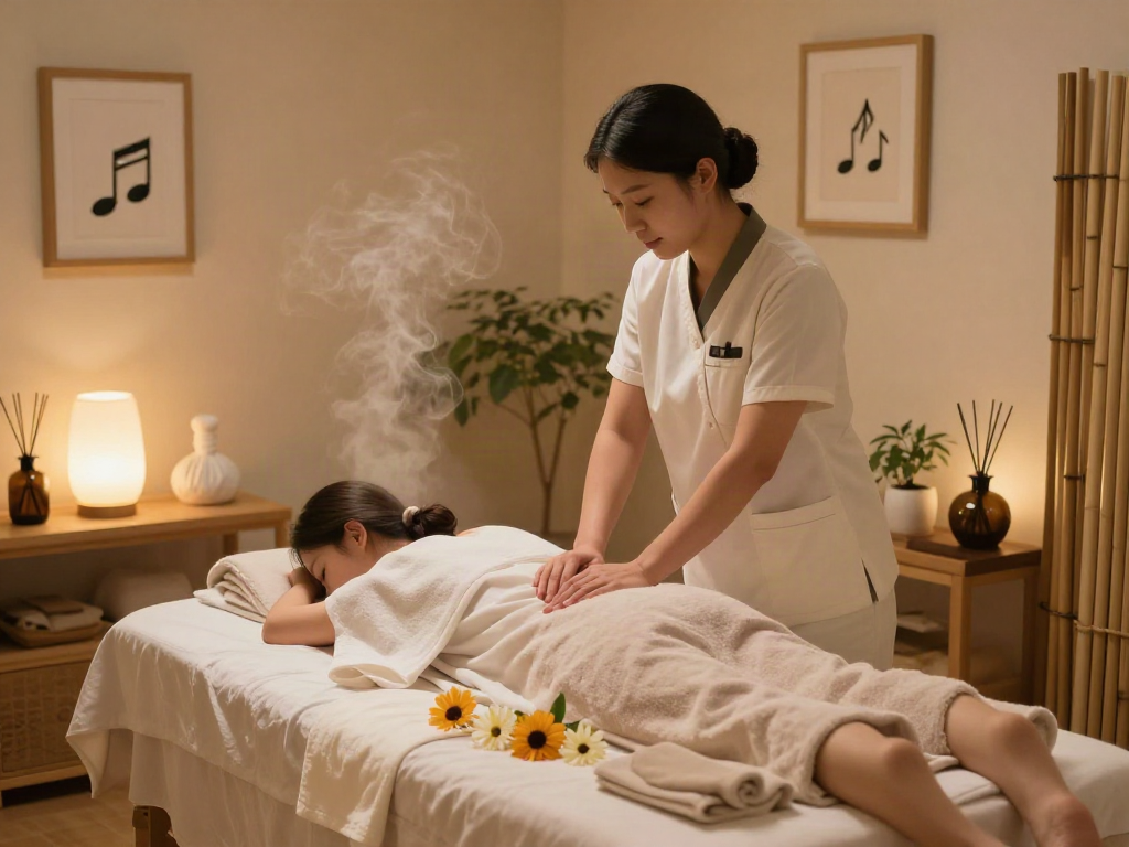 Indulging in 경기도출장마사지 at a serene spa with calming decor.
