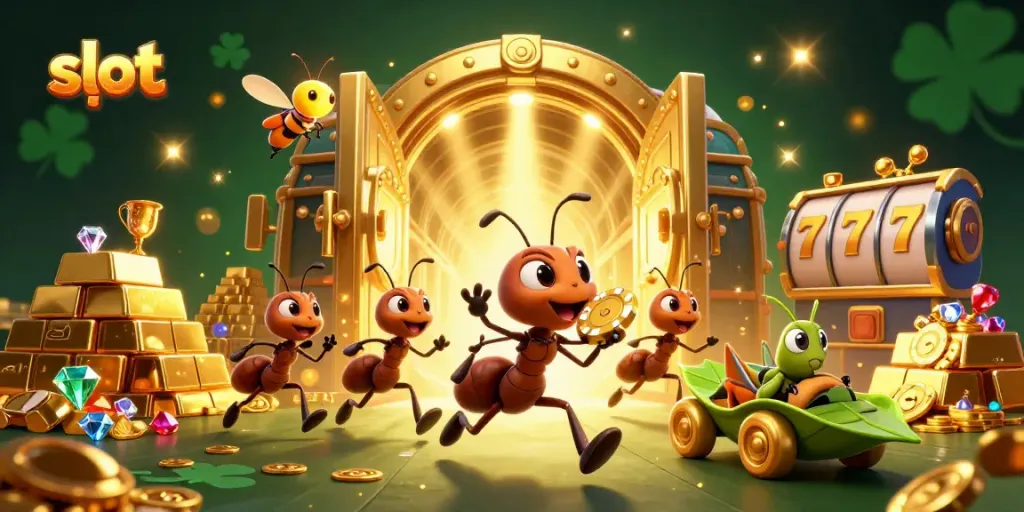 Engaging scene featuring slot qris with cartoon characters heisting a giant poker chip amidst treasures and slot symbols.