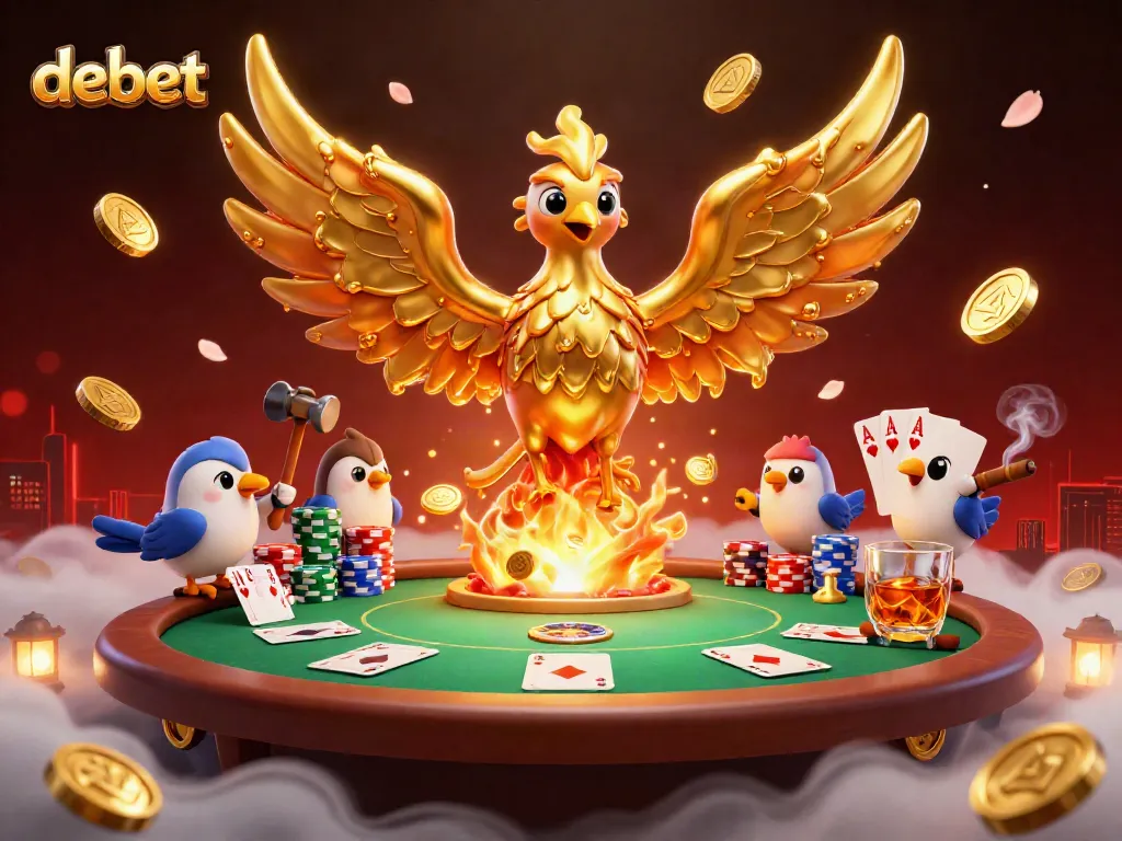 Experience debet with a golden phoenix soaring over a vibrant poker scene full of action.