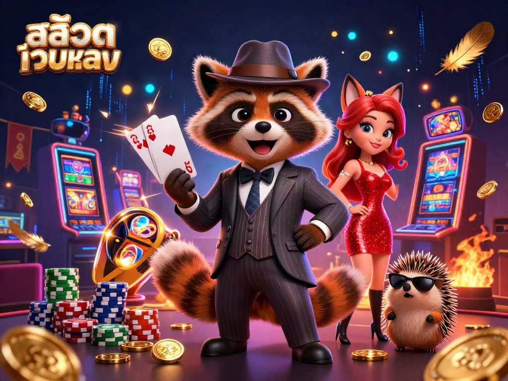 Win big with สล็อตเว็บตรง as a suave raccoon, a charming fox, and a hedgehog bouncer animate the scene.
