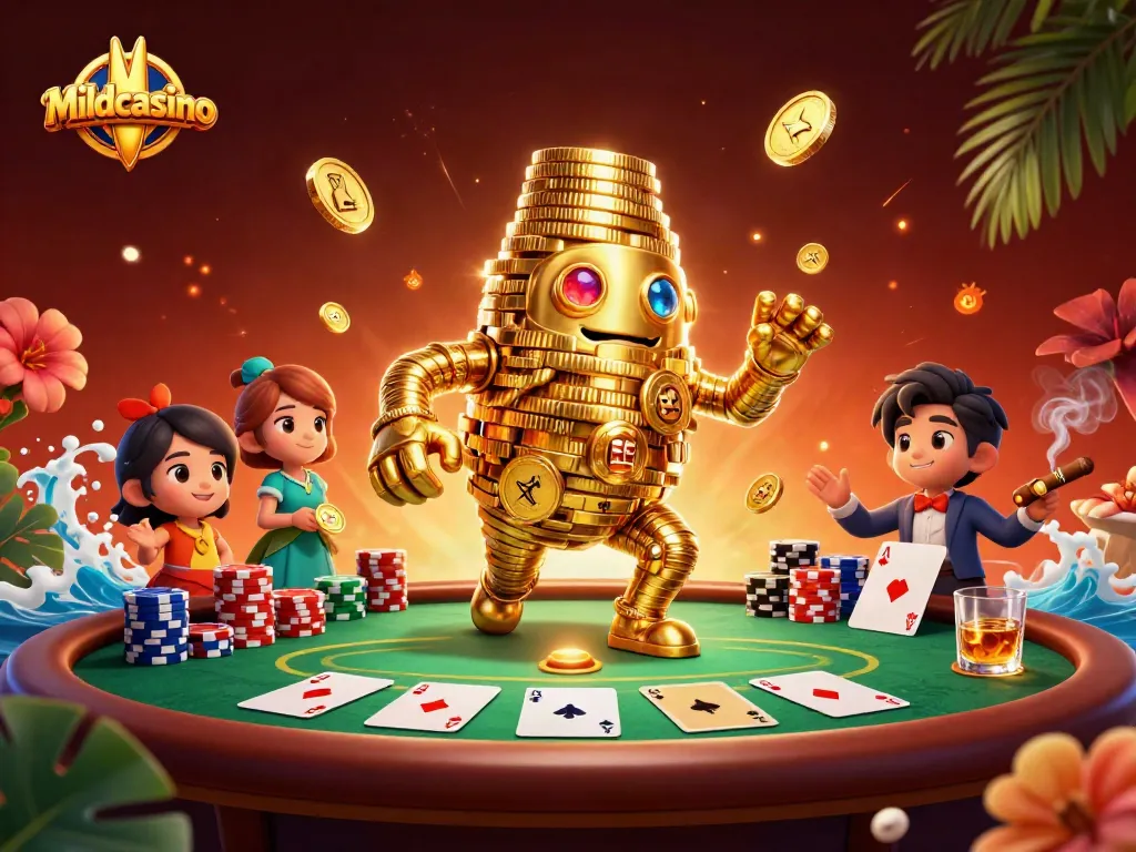 Mildcasino offers an exciting gaming atmosphere with a gold coin golem, poker table, and vibrant casino elements.