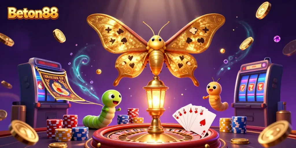Permainan slot Beton88 dengan kupu-kupu raksasa dan elemen kasino berkilau.