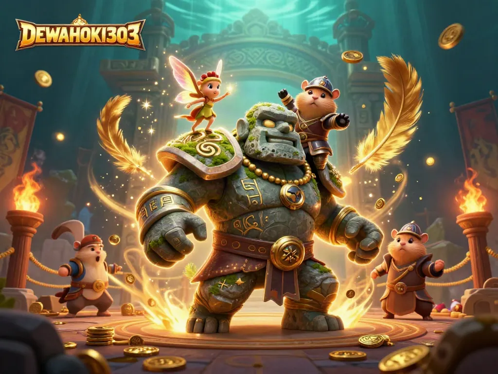 DEWAHOKI303 mendemonstrasikan golem tua yang hidup di tengah arena perjudian dengan efek magis.