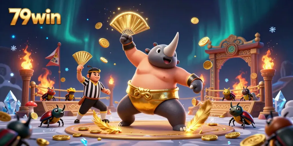 Engage in thrilling gameplay at 79win with a dynamic casino scene featuring a rhinoceros beetle champion.