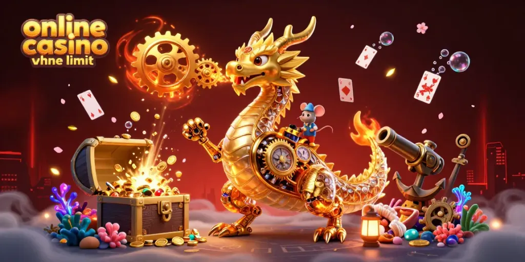 Experience thrilling action in an online casino ohne limit with a golden dragon breathing gears.
