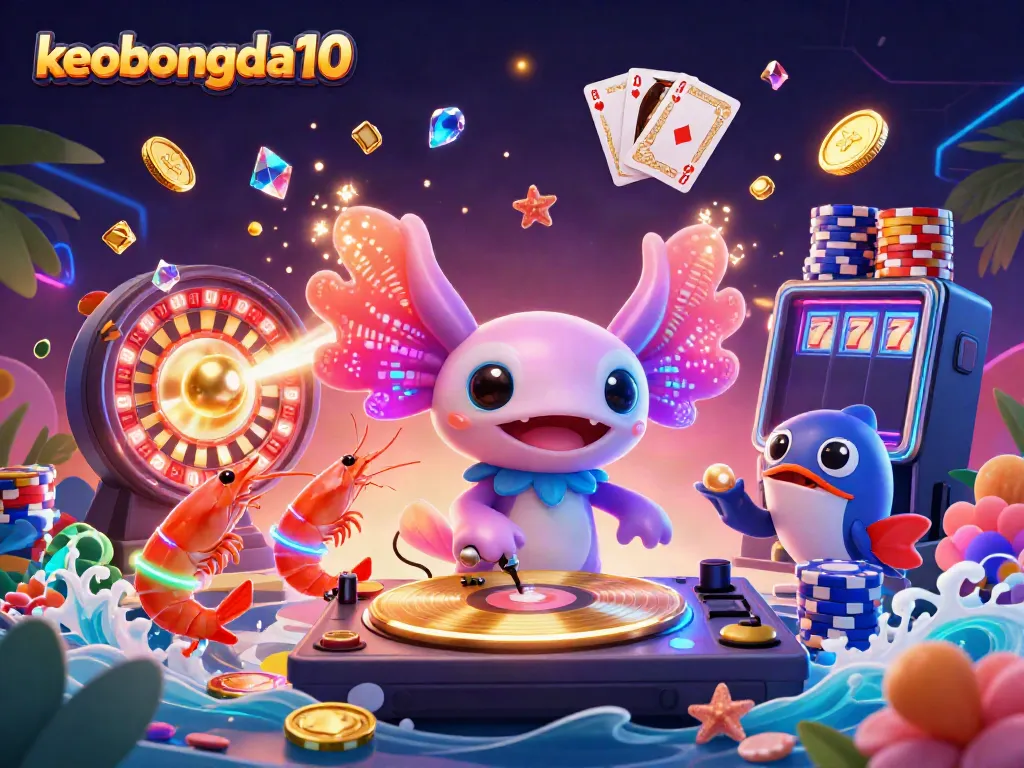 Experience the vibrant energy of keobongda10 with a neon axolotl DJ and animated sea creatures celebrating in a dynamic casino environment.
