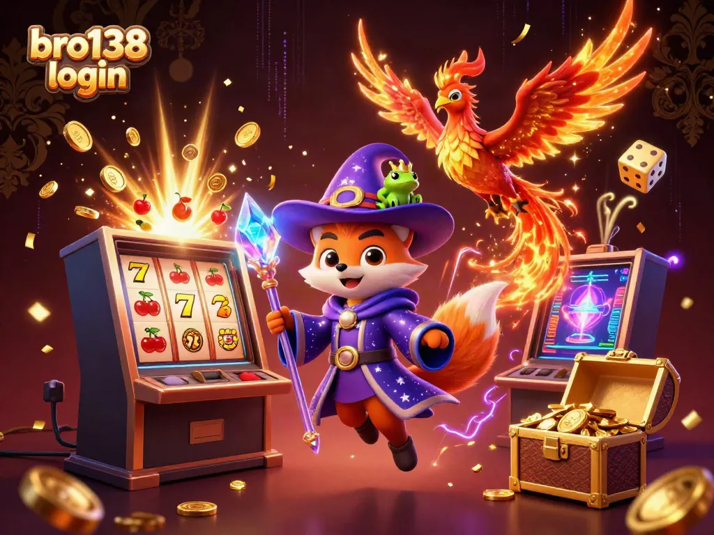 Exciting scene of gaming action illustrating bro138 login with a wizard fox, phoenix, and casino elements.