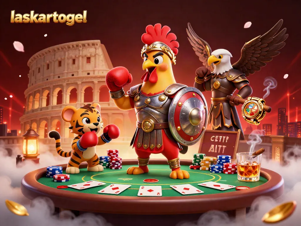 Experience high-speed action with laskartogel, featuring a gladiator rooster and poker elements in a dynamic illustration.