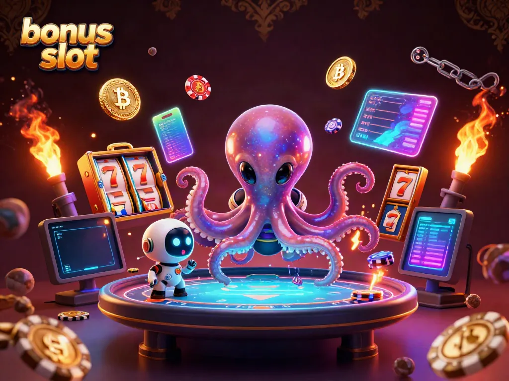 Experience thrilling play with bonus slot elements and vibrant casino atmosphere in this 3D illustration.
