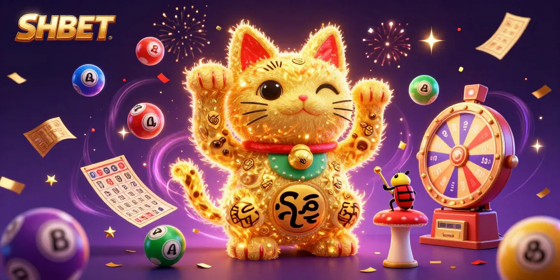 Experience excitement with SHBET as golden fireflies transform into a lucky cat amid vibrant lottery elements.