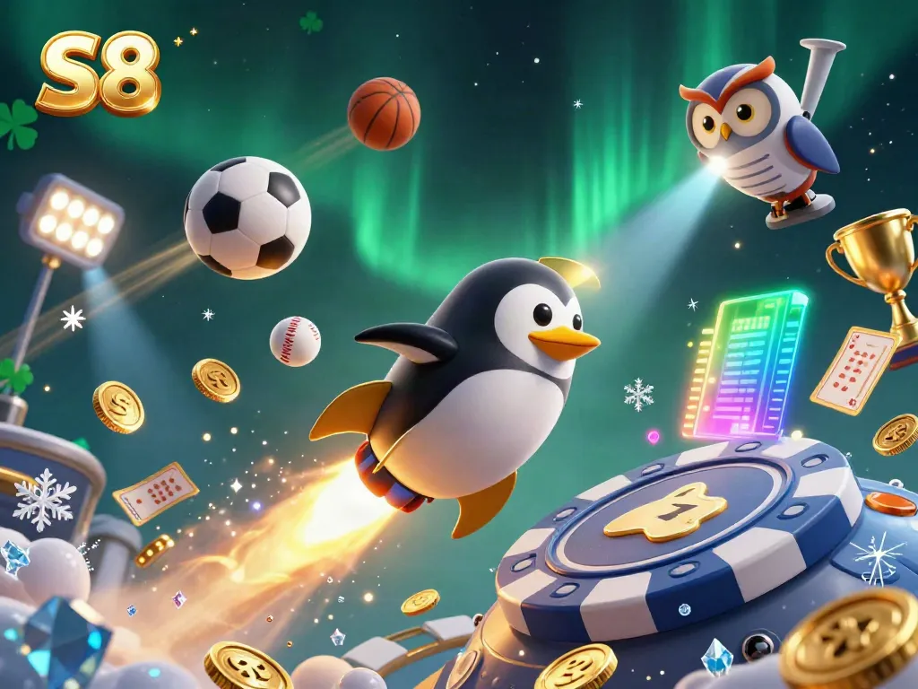 Engage with the thrilling S8 casino adventures as a penguin zooms toward a poker chip casino in this dynamic scene.