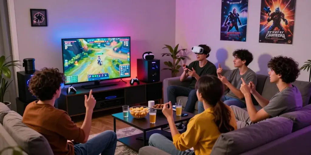 Menang66, malam permainan online dengan teman-teman menikmati pengalaman gaming yang seru di ruang yang cerah.