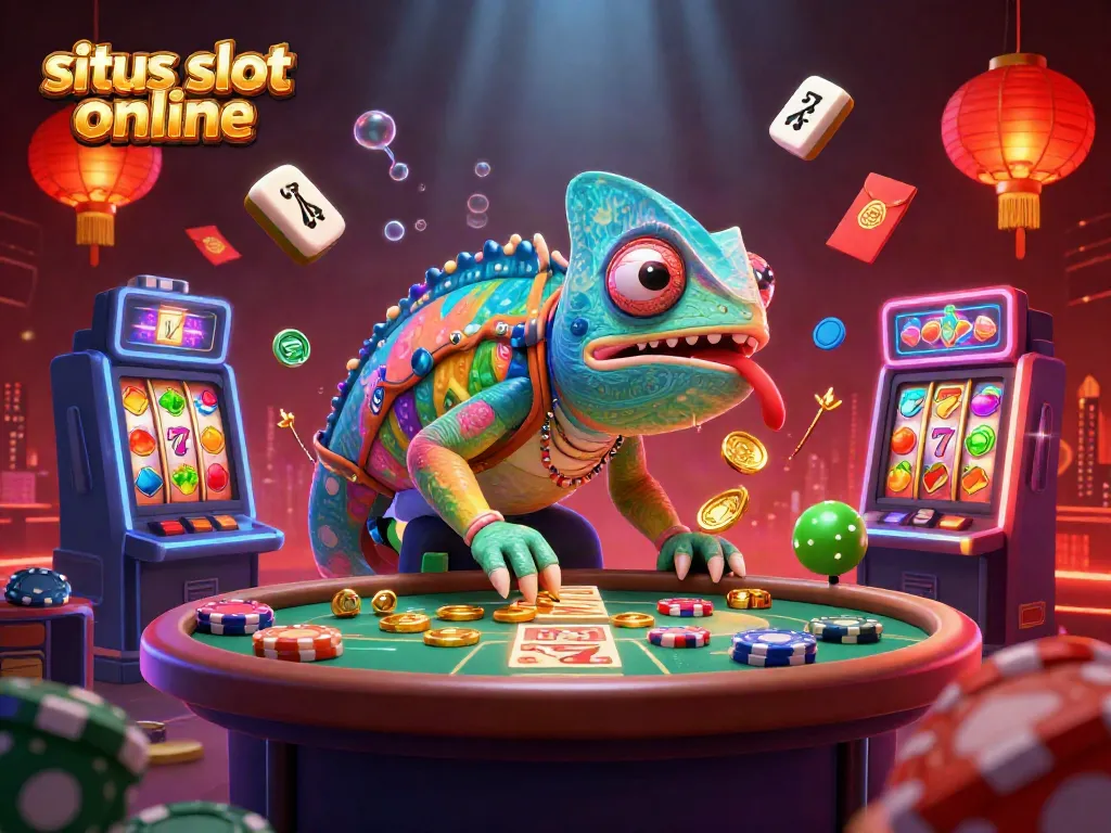 Permainan situs slot online yang menampilkan chameleon kasino, simbol slot, dan elemen keberuntungan.