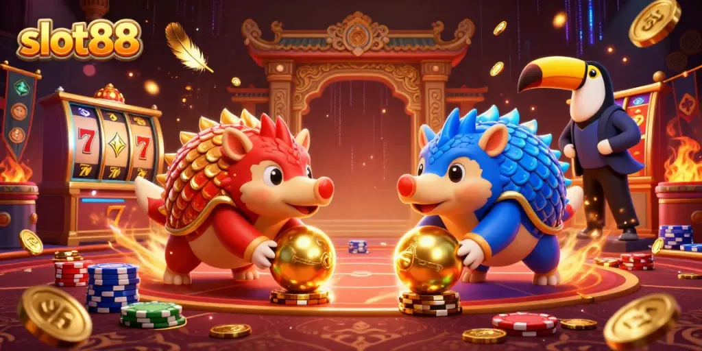 Rasakan keseruan bermain slot88 dengan dua pangolin rival yang bertarung di arena judi!