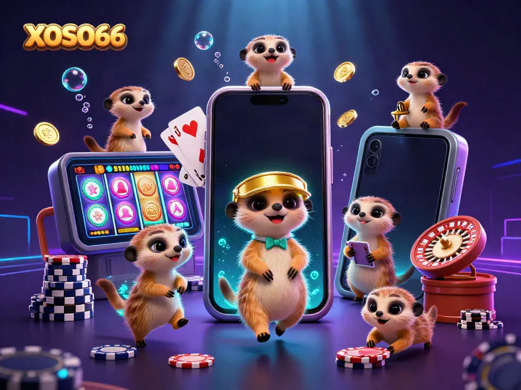 XOSO66 meerkats managing an exciting casino with vibrant game elements and lively atmosphere.