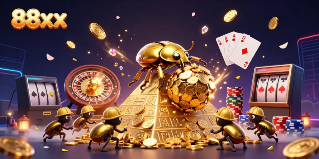 Experience thrilling gameplay at 88xx with a golden dung beetle rolling coins and casino symbols.