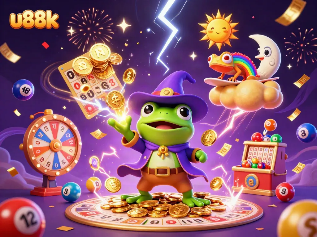 Experience the thrilling wins of u88k with golden coins raining down in a vibrant 3D casino scene.