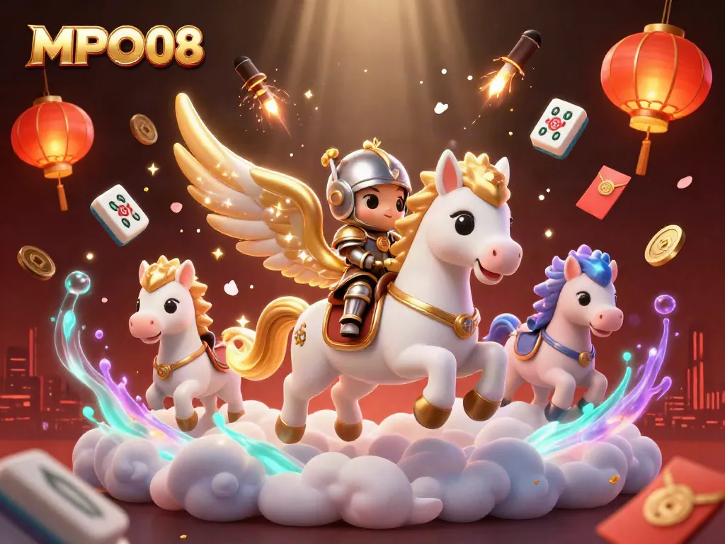 MPO08 showcases an enchanting knight on a celestial horse amid vibrant gaming symbols, enhancing the online casino experience.