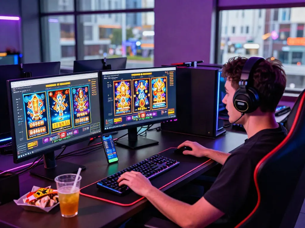 Engaged player immersed in slot game action at a modern gaming setup