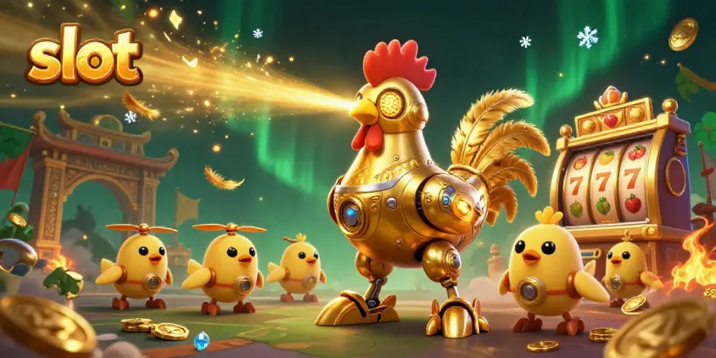 Raih kemenangan maksimal di slot dengan ilustrasi robot ayam emas dan drone anak-anak yang memukau.