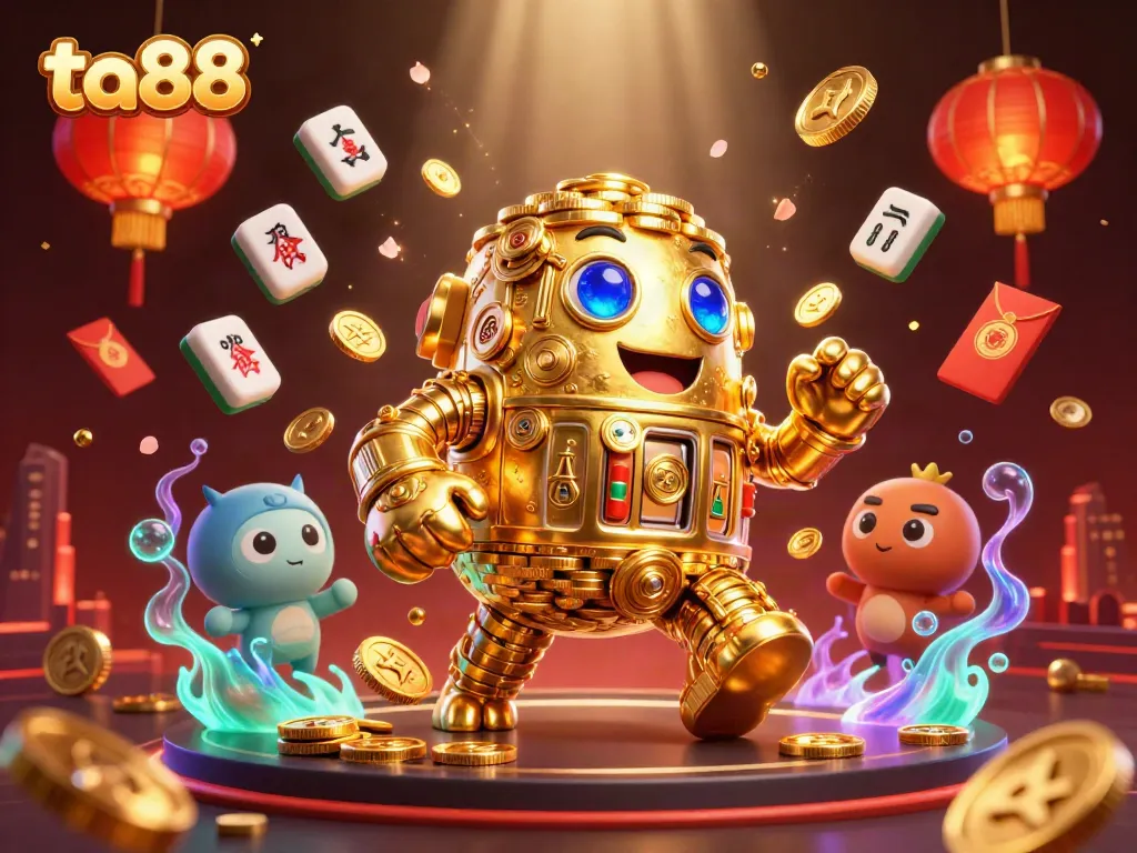 Experience thrilling gaming with ta88: ancient golden golem and casino symbols animated in vibrant colors.
