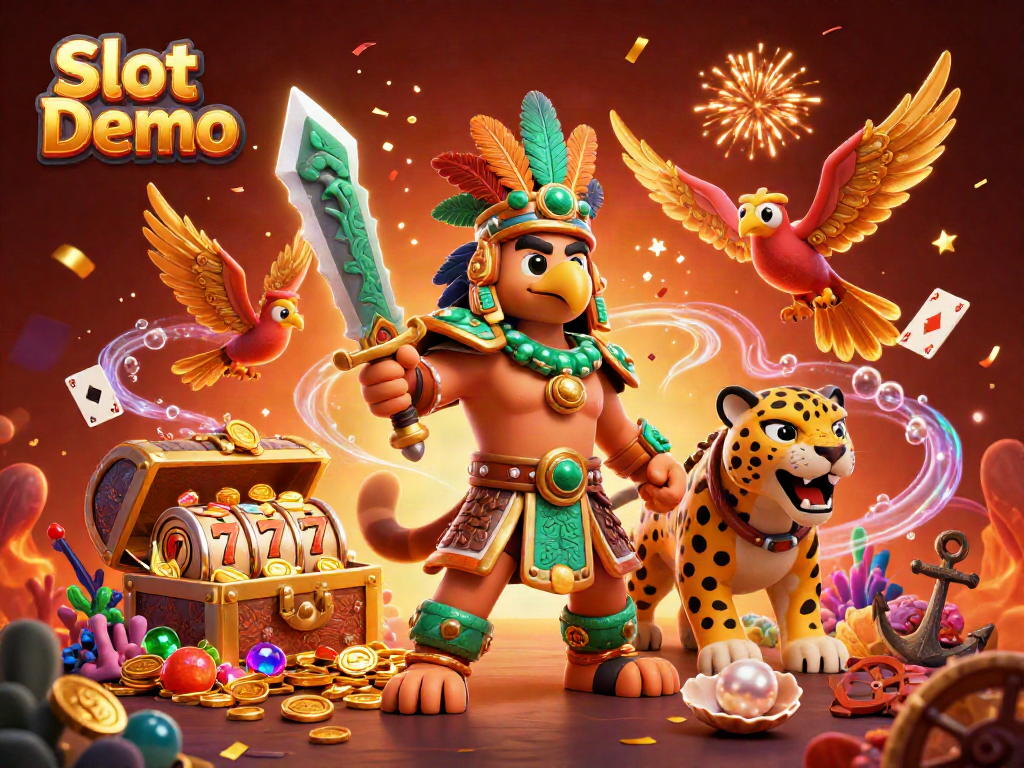 Spin the Slot Demo with vibrant Aztec warriors and treasure, showcasing vibrant game elements.